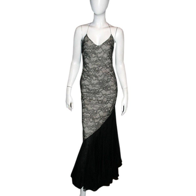 CHANEL Vintage Black Chantilly Lace Evening Gown US 2-4 For Sale