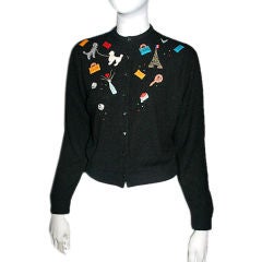 ELSA SCHIAPARELLI Rare Black Embroidered Cashmere Cardigan Med