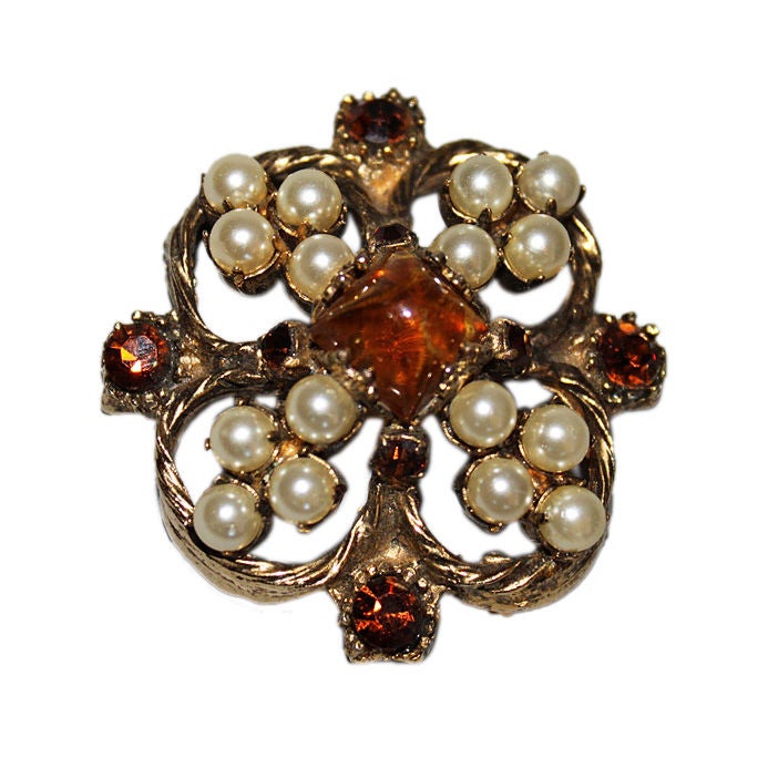 CHANEL Amber Gripoix Faux Pearl Pin Brooch