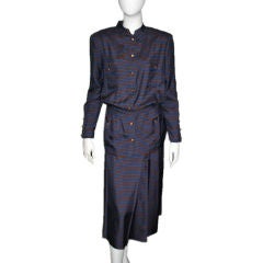 CHANEL Blue Striped Silk Skirt Suit 40/8