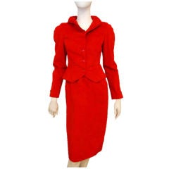 HALSTON Red Ultrasuede Skirt Suit 4