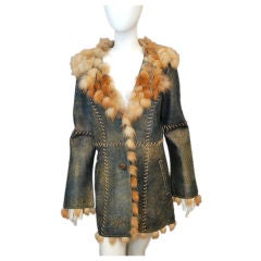 Vintage ROBERTO CAVALLI Blue Gold Leather Fox Fur Coat