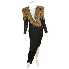 BALMAIN Gold Black Beaded Evening Gown