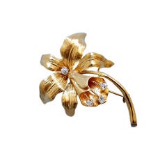 Vintage TIFFANY & CO. Solid 18kt  Gold Orchid Brooch Diamond Accents