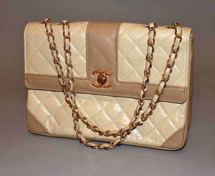 CHANEL Beige Two-tone Quilted Leather Flap Bag Circa 1970s at 1stDibs