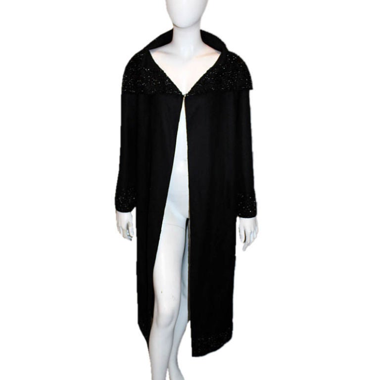 VALENTINO Black Wool Beaded Coat Large For Sale