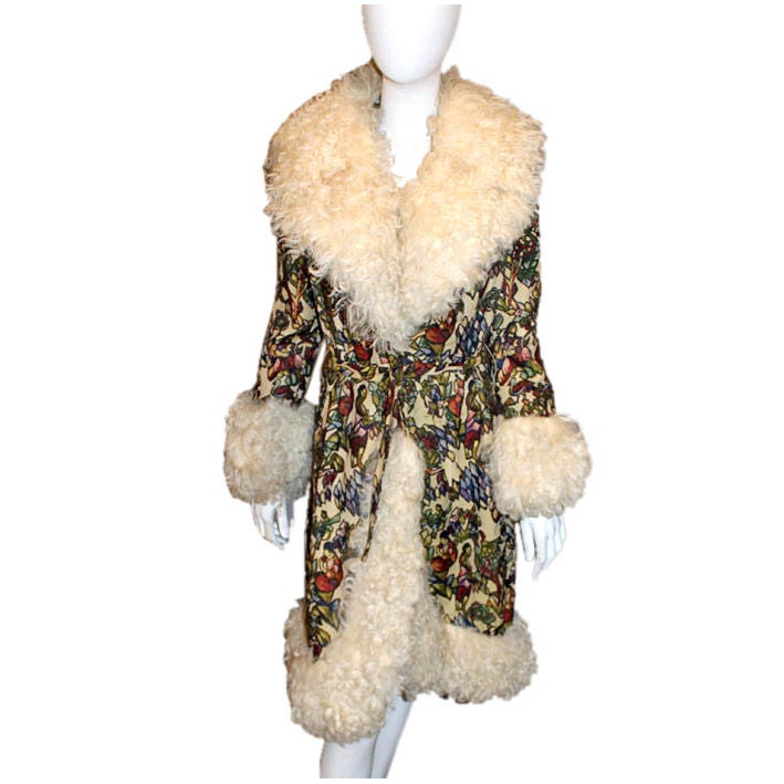 LILLI ANN Floral Tapestry Coat Lamb Fur Trim  M