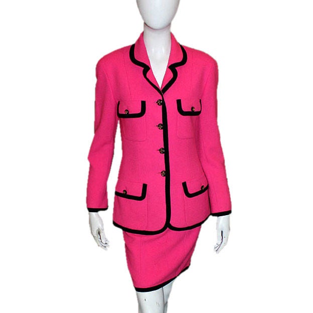CHANEL Pink Wool Skirt Suit W. Black Patent Leather Piping Sz. 38