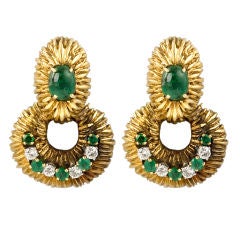 David Webb Gold, Diamond, and Emerald Earrings