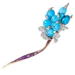 Sterlé Paris Mid 20th Century Turquoise Amethyst Diamond Flower Brooch