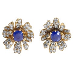 Pierre Sterlé Sapphire and Diamond Gold Flower Earclips