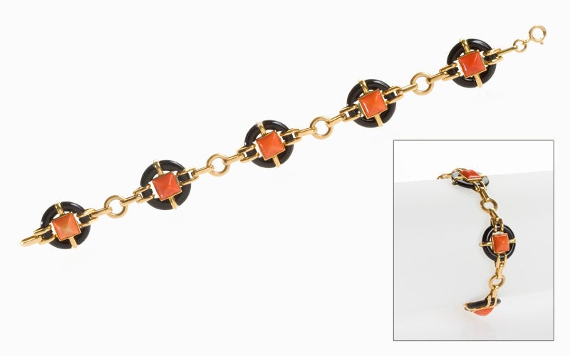 Marzo Art Deco Gold, Black Onyx , Cabochon Coral Bracelet