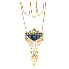 Art Nouveau Platinum, Gold, Diamond, Citrine and Enamel Necklace