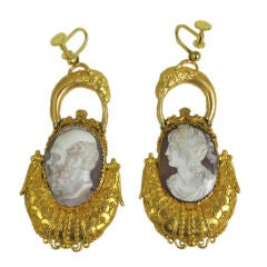 Antique Pair of Portrait Cameo Pendant Earrings
