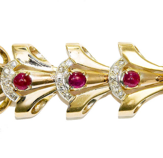 1940's Retro Cabachon Ruby and Diamond Bracelet