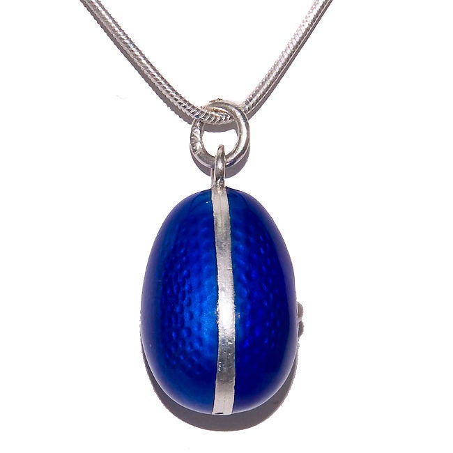 Silver and Blue Guilloche Enamel Egg Pendant set with a Pearl, this piece bears the 84 silver standard and the Cyrillic mark for Carl Faberge St. Petersburg