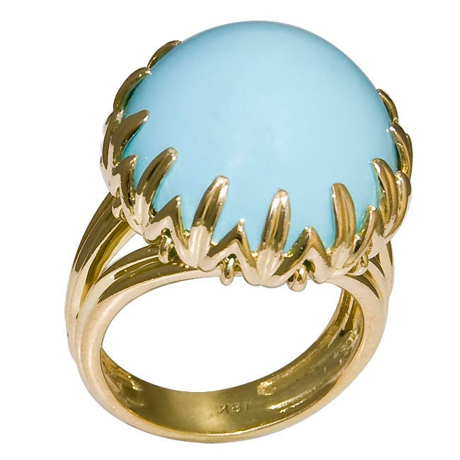 Signed Tiffany & Company 18K yellow gold and Persian Turquoise Ring.