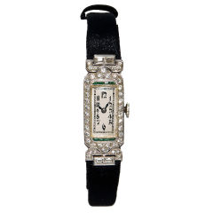 Damen Art Deco Platin Diamant & Smaragd Uhr
