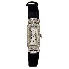 Montre Art Déco Platine Diamant & Emeraude pour femme