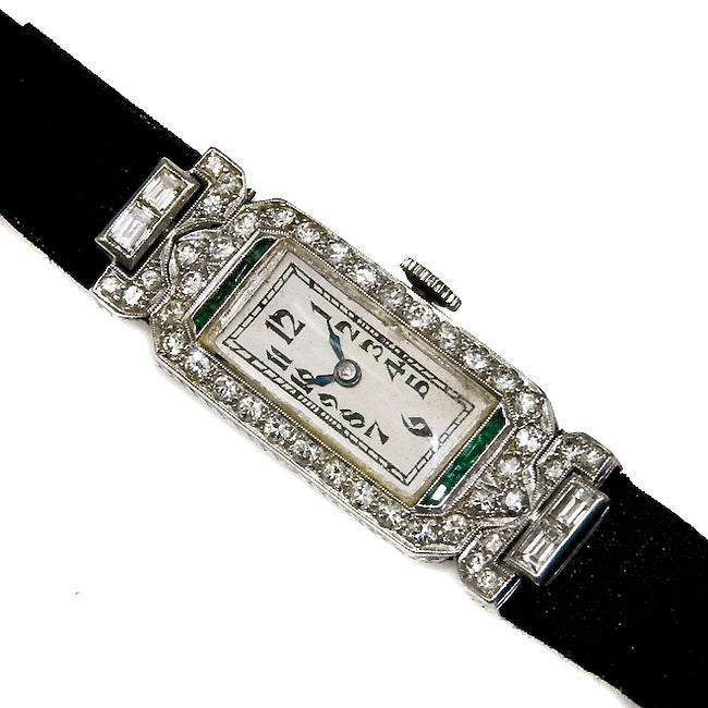 Ladies Art Deco Platinum Diamond & Emerald watch 2