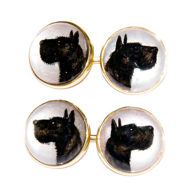 14K yellow gold and Reverse Painted Essex Crystal, Scottie Dog Cufflinks, Incredible 3 dimentional detail.