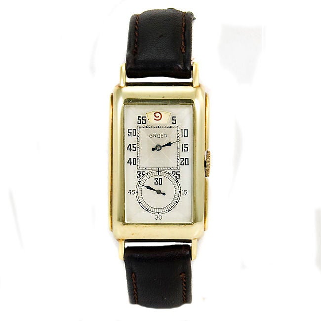 Rare 14K Yellow Gold Gruen, Duo Dial, Jump Hour Dr's Watch, 17 Jewel Nickel Lever Gruen Guild Manual Wind Movement. Older Professional Dial Refinish.