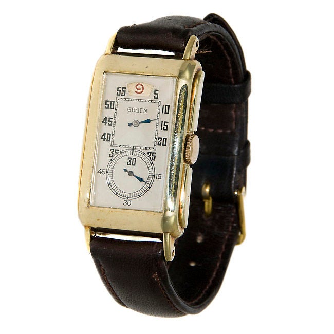 1935 14K Gruen Jump Hour Duo Dial Dr's Wrist Watch