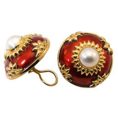 Mabe Pearl and Crimson Enamel Earrings