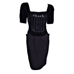 80's Jacqueline de Ribes Black Cocktail Black Velvet & Wool Dress with Sequins