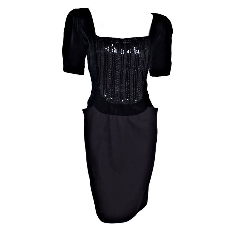 80's Jacqueline de Ribes Black Cocktail Black Velvet & Wool Dress with Sequins For Sale