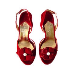CHANEL Shoe RED hot VELVET w' Camelia Flower