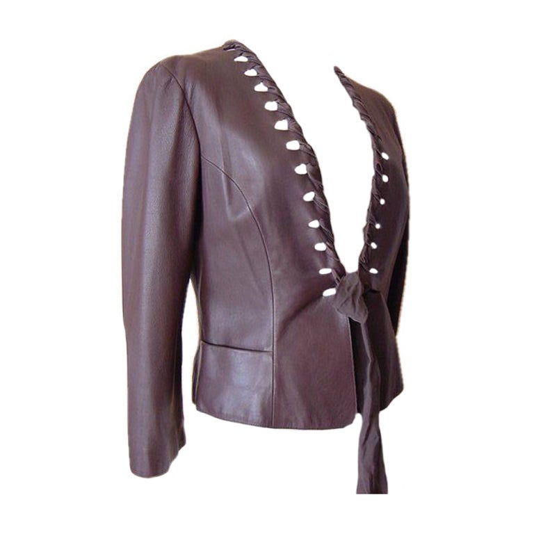Giorgio Armani Leather Jacket Ribbon Detail Medium Brown 44 / 8 New