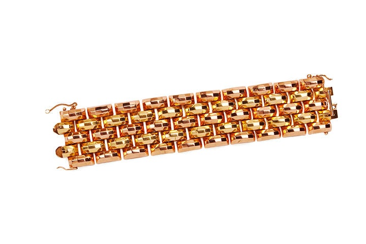 Wonderfully wide red and yellow bevelled gold five row link Retro bracelet