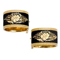 Magnificent Pair of Victorian Black Enamel Gold Cuff Bangles