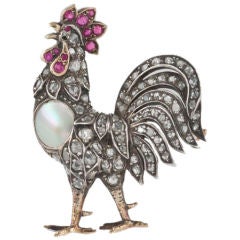 Rooster Brooch, Ruby, Rose Diamond and Pearl