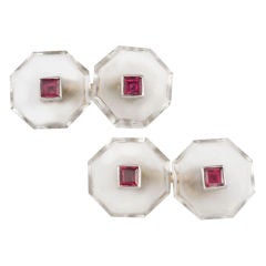Art Deco Rock Crystal Cufflinks With Ruby Centers