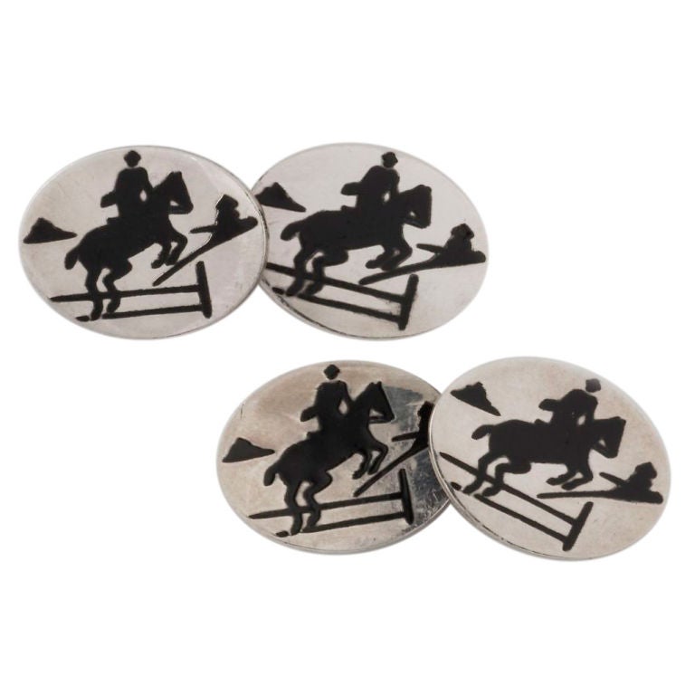 Horse Jumping Cufflinks Sterling Silver Black Enamel  For Sale