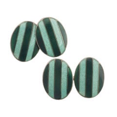 Vintage Sterling Silver Green Striped Enamel Cuff Links