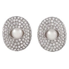Splendid Elliptical Design Pave Diamond and Pearl Earclips