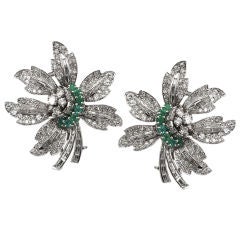 Pair of Diamond and Emerald Dress Clips and Earclip Combination