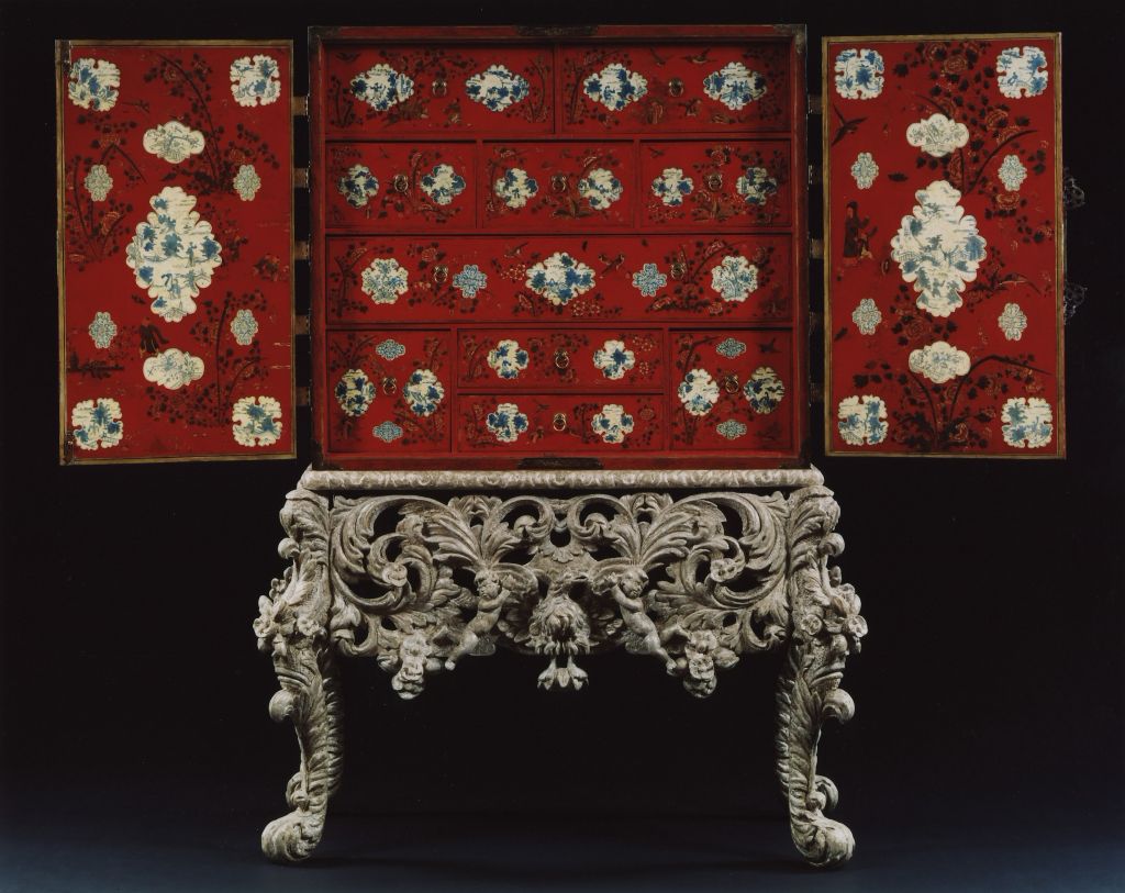 A Rare Red And White Lacquered Cabinet On Original Stand For Sale 3