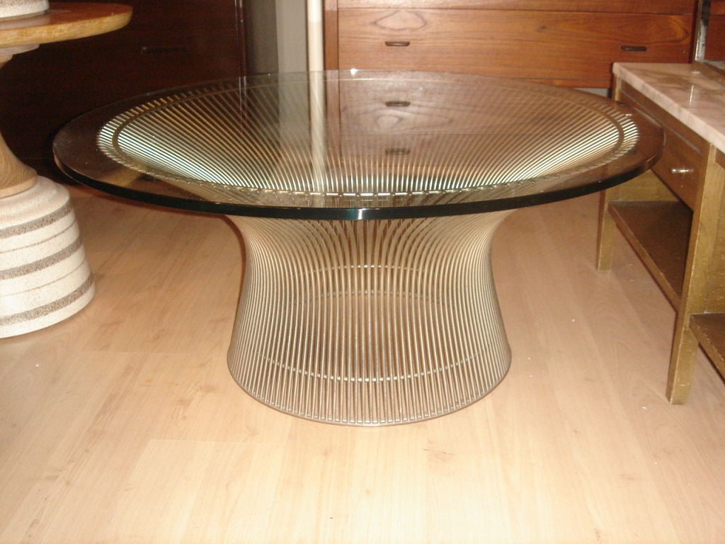 An early wire and glass coffee table designed by Warren Platner for Knoll.  USA, circa 1970.<br />
<br />
Made of steel wire rods with the original nickel finish.