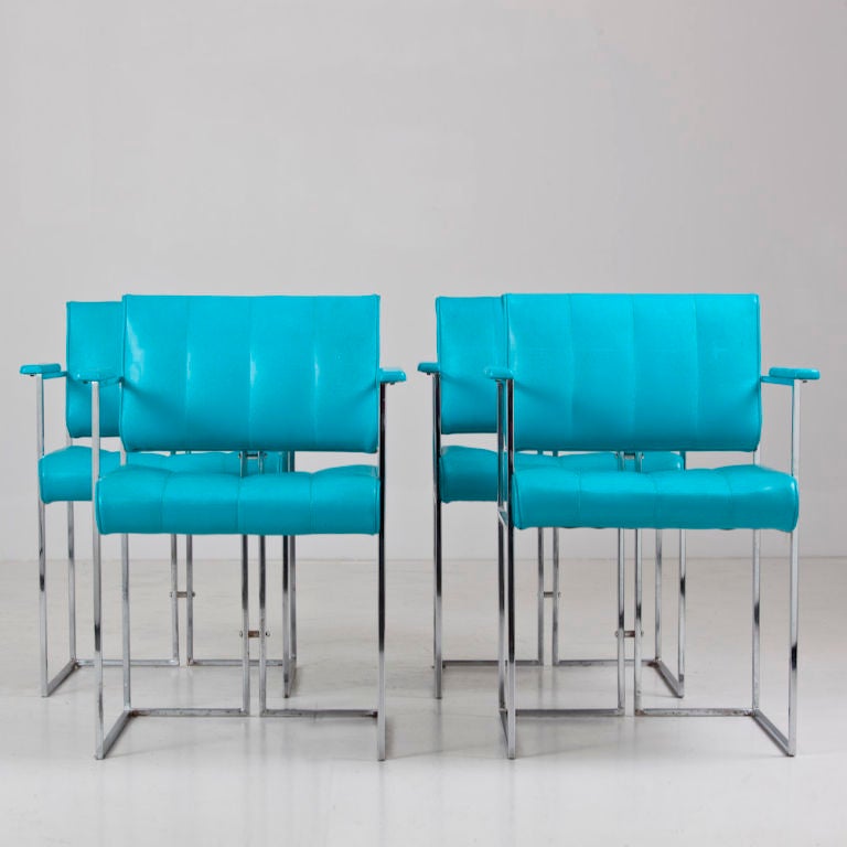 A Set of Four Turquoise Vinyl Upholstered Milo Baughman Style Chairs USA 1970s