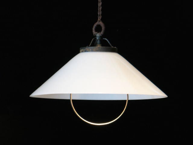 Unique pulley lamp with double wire and counterweight in cast iron milk glass shade.