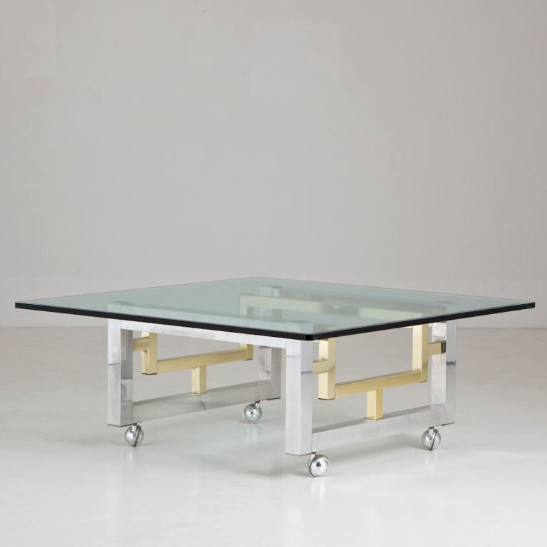 Pierre Cardin style brass and aluminium coffee table on castors, 1980s
Measurements are for base only.