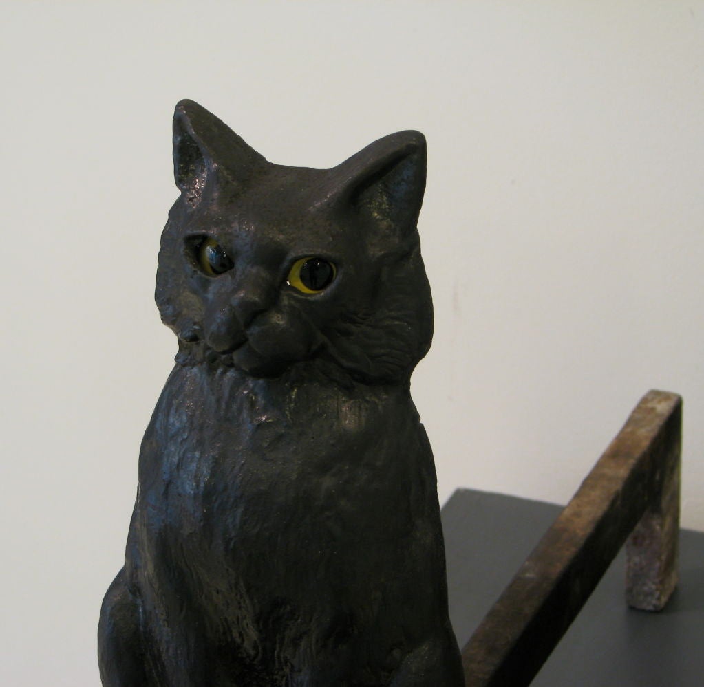 American Pair of Cast Iron Black Cat Andirons with Yellow Glass Eyes