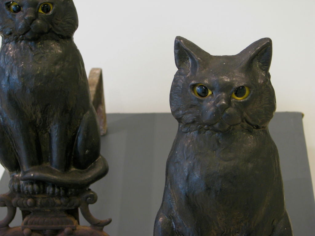 19th Century Pair of Cast Iron Black Cat Andirons with Yellow Glass Eyes
