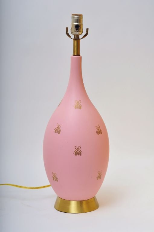 PINK CERAMIC LAMPS WITH GOLD BEES.  REWIRED.