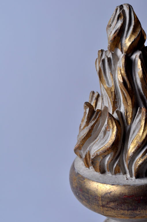 CARVED WOOD FLAME SHAPED FINIAL FROM FRANCE.  19TH CENTURY - WITH PAINT AND GOLD LEAF. DIAMETER OF THE BASE IS 4 INCHES.