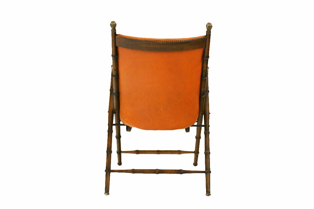 Mid-20th Century Continental Oak, Brass, and Faux Leather Folding Campaign Chair